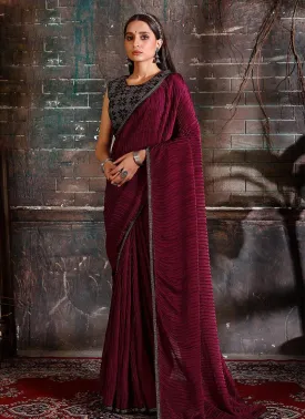 Aesthetic Wine Color Satin Material Saree With Sleeveless Blouse