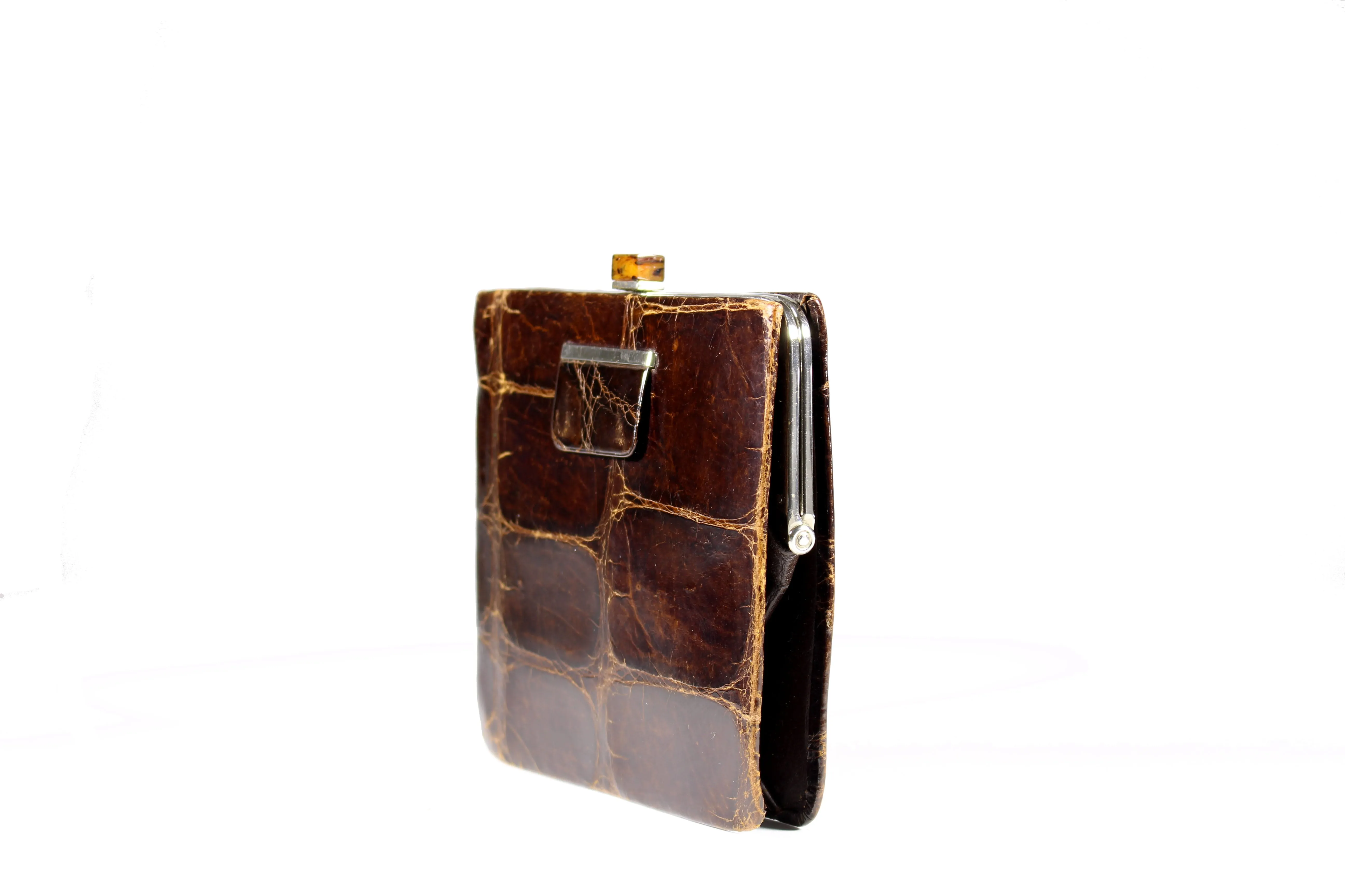 Art deco clutch in brown crocodile skin and bakelite clasp