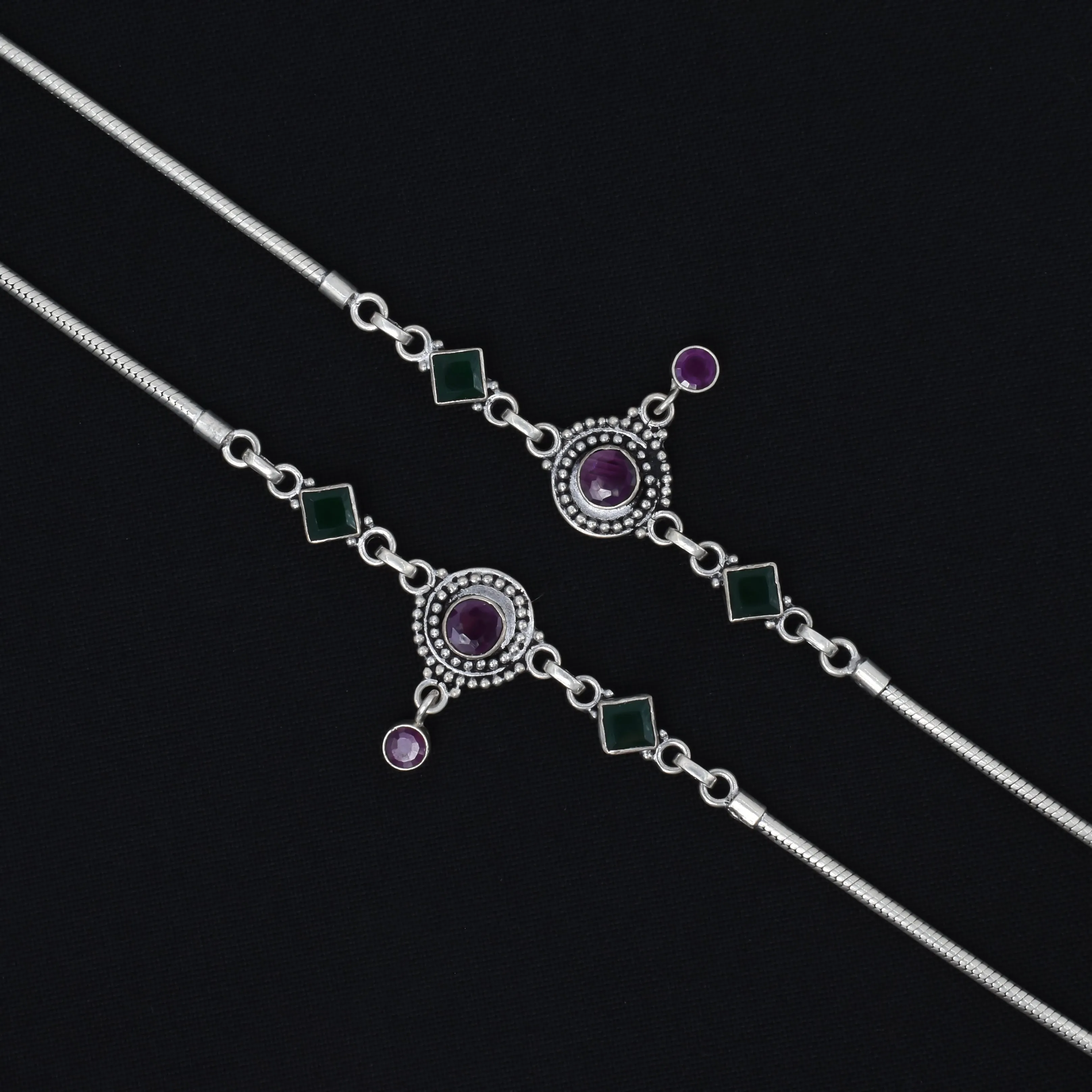 Beautiful Silver Payal Featuring Purple and Green Stones