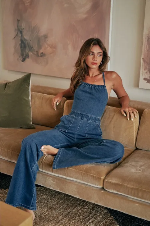 Hippie Road Strapless Lace Up Denim Jumpsuit