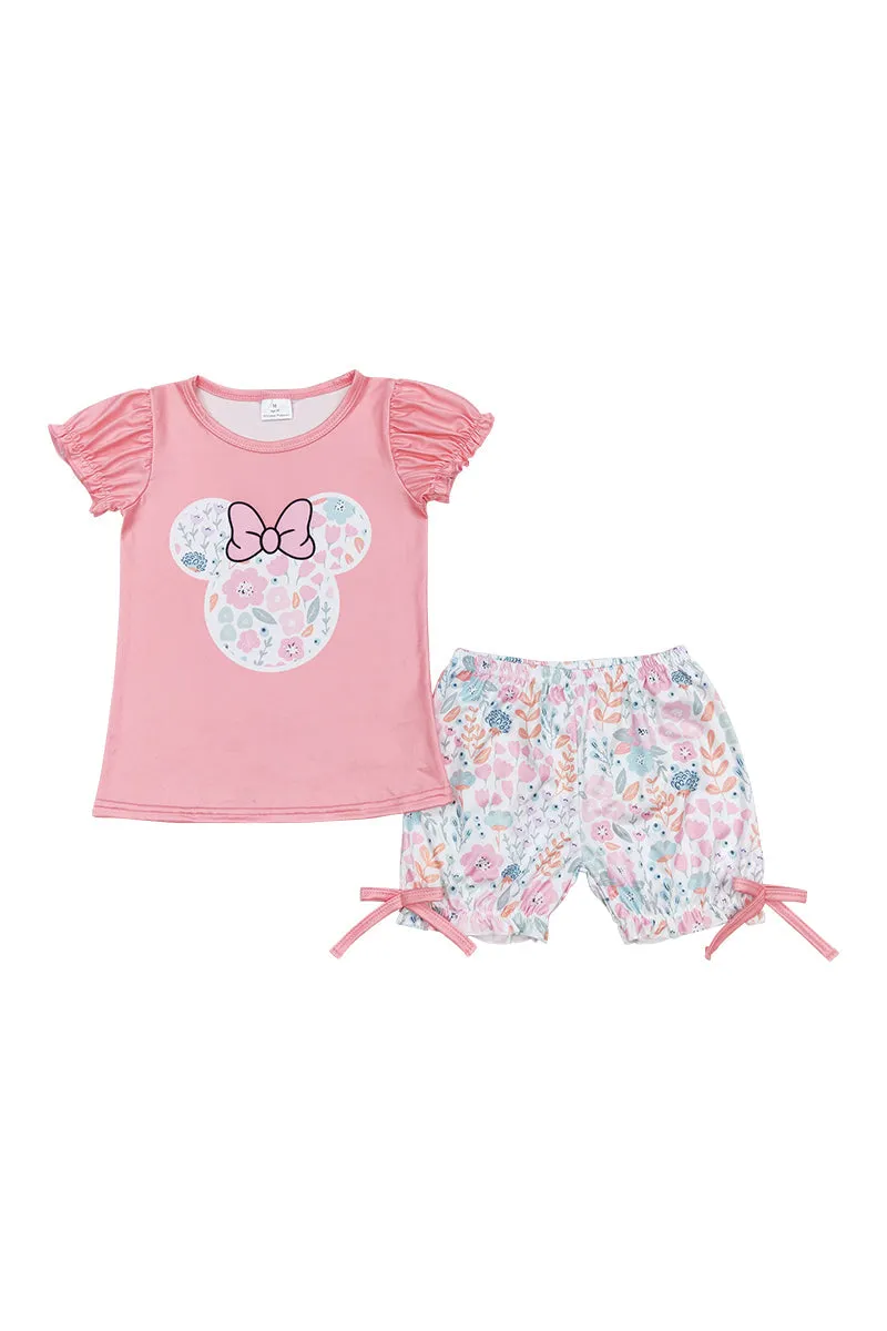 Pink character print girl shorts set