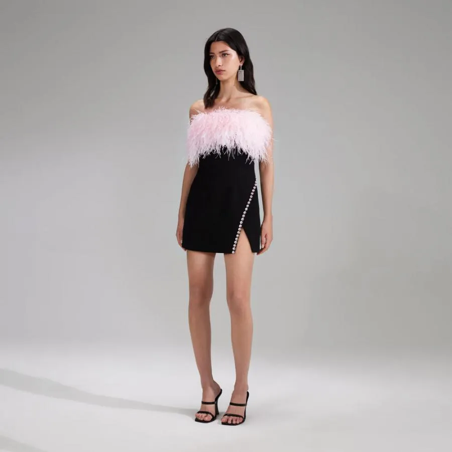 Self-Portrait Feather Trimmed Pink Crepe Mini Dress