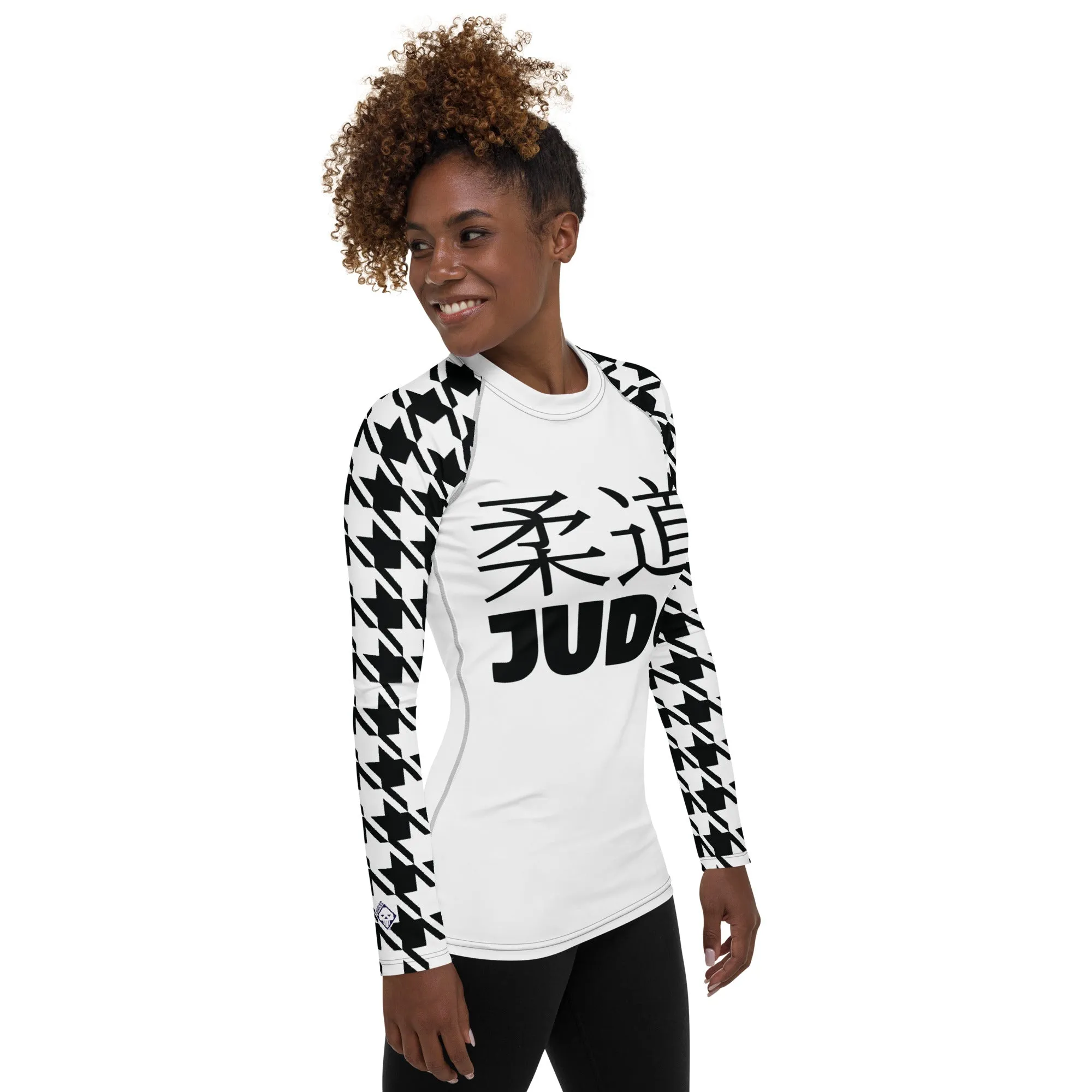 Versatile Vigor: Women's Houndstooth Classic Judo Rash Guard for BJJ Blanc