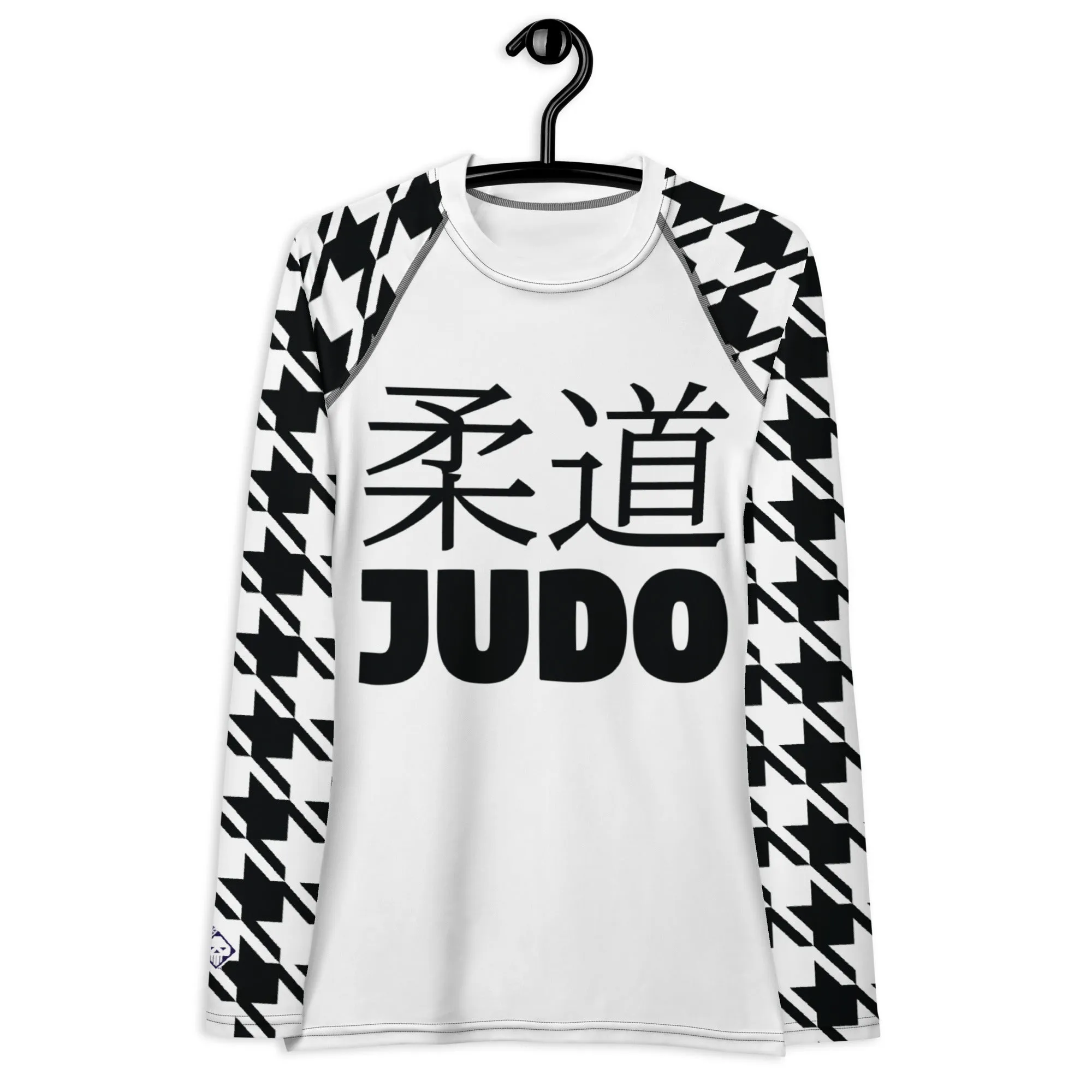 Versatile Vigor: Women's Houndstooth Classic Judo Rash Guard for BJJ Blanc