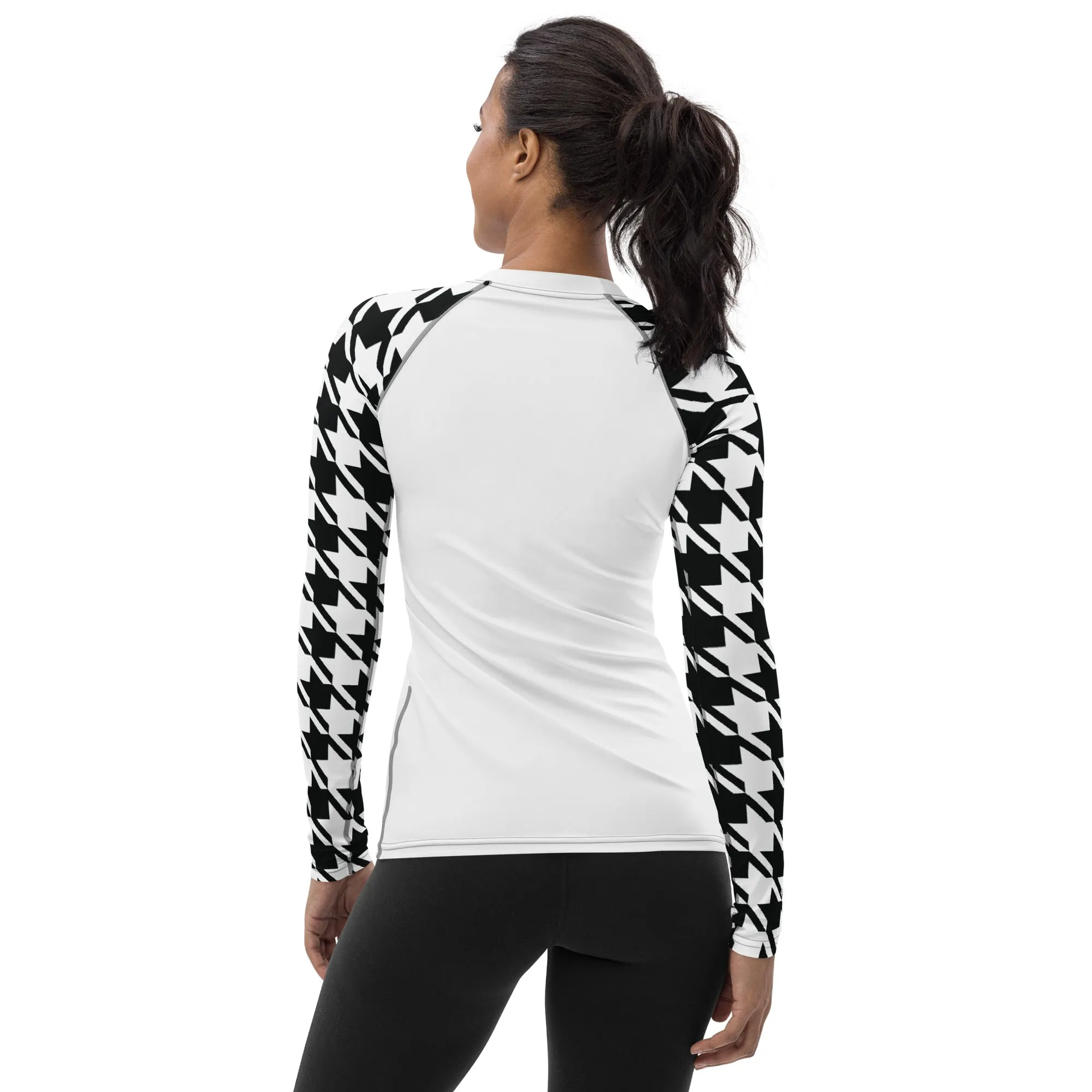 Versatile Vigor: Women's Houndstooth Classic Judo Rash Guard for BJJ Blanc