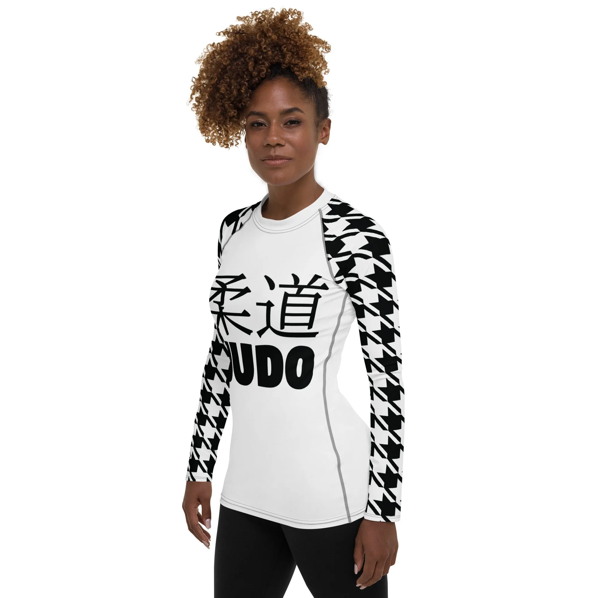 Versatile Vigor: Women's Houndstooth Classic Judo Rash Guard for BJJ Blanc