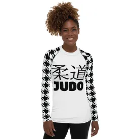 Versatile Vigor: Women's Houndstooth Classic Judo Rash Guard for BJJ Blanc